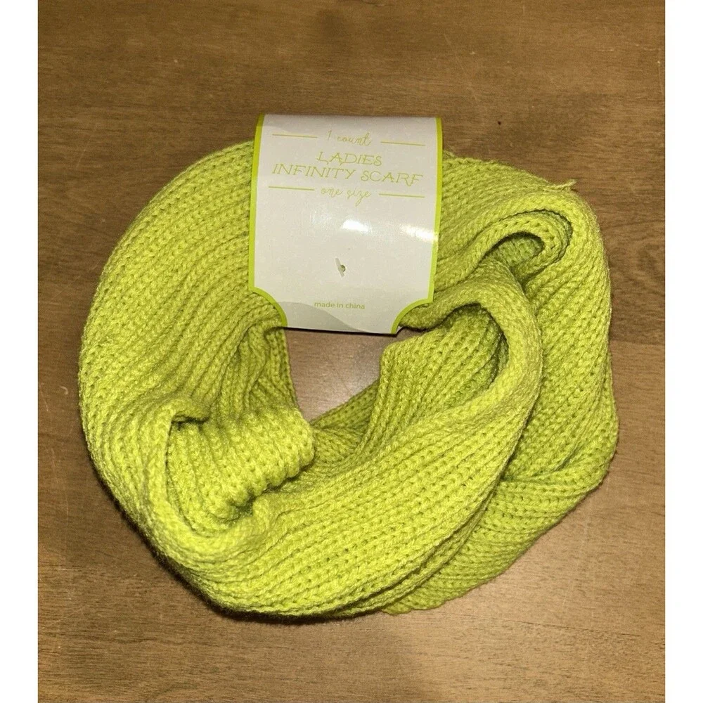 Lime Green Cable-Knit Beanie Hat w/ Faux Fur Pom-Pom and Infinity Scarf OSFM